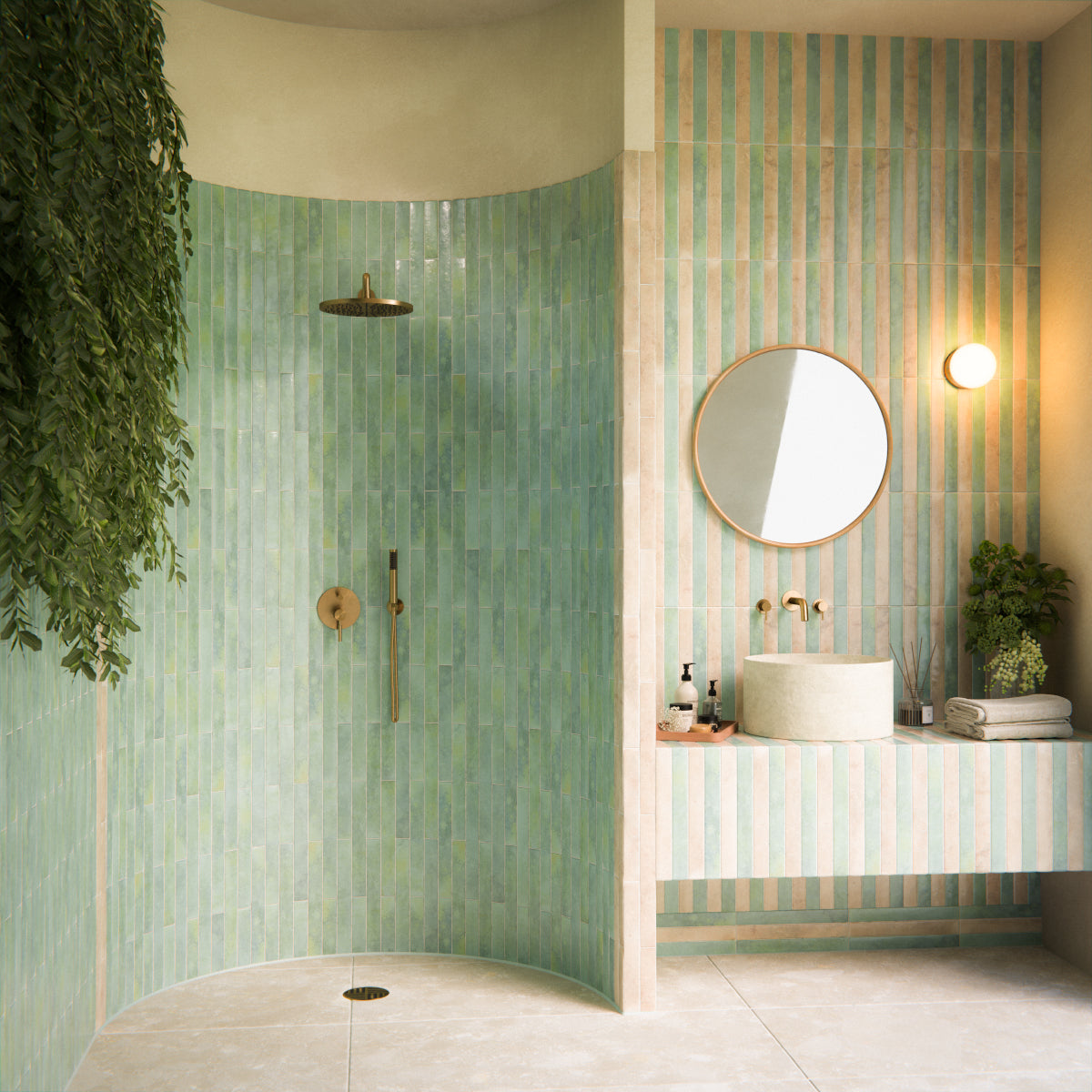 Bathroom setting featuring the Essentials Terrazzo Stone collection, showcasing neutral terrazzo effect floor tiles with soft tonal variation, paired with striped brick tiles and a stone basin for a calm, contemporary finish.