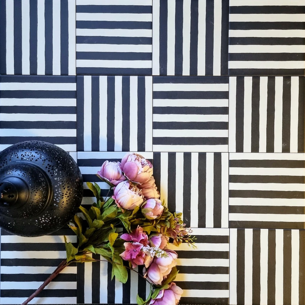 Pinstripes Black Striped Moroccan Tiles 20cm x 20cm
