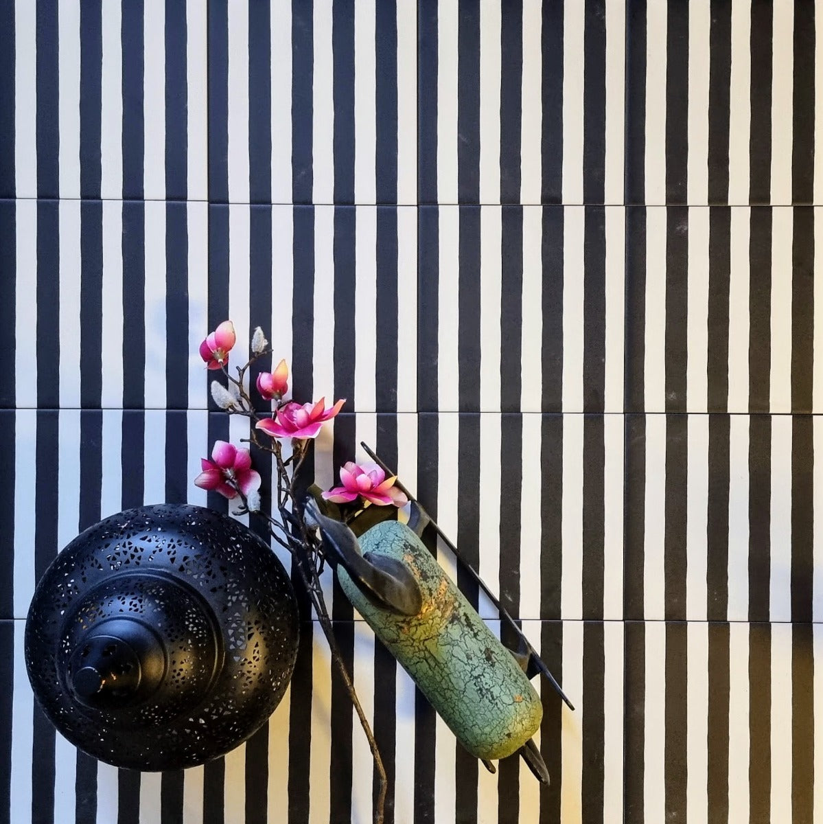 Pinstripes Black Striped Moroccan Tiles 20cm x 20cm