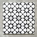 Agadir Black & White Mini Moroccan-style 15x15cm porcelain tiles arranged as four tiles, showcasing a repeating geometric star pattern in black and white on a neutral background.