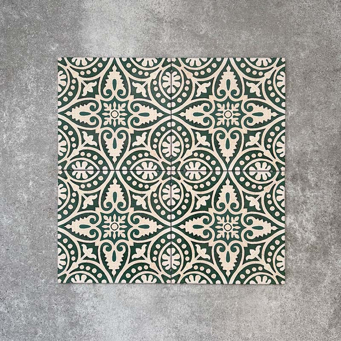 Cuba Fleur de Lis Moroccan-style porcelain tiles in a 20×20cm square format, arranged in a repeating decorative pattern featuring soft green and white detailing, and classic encaustic-style design.