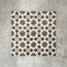 Cuba Tanane Moroccan-style porcelain tiles laid in a repeating geometric pattern, featuring deep green stars, soft pink octagons, crisp white shapes and warm brown accents across multiple 20×20cm tiles.