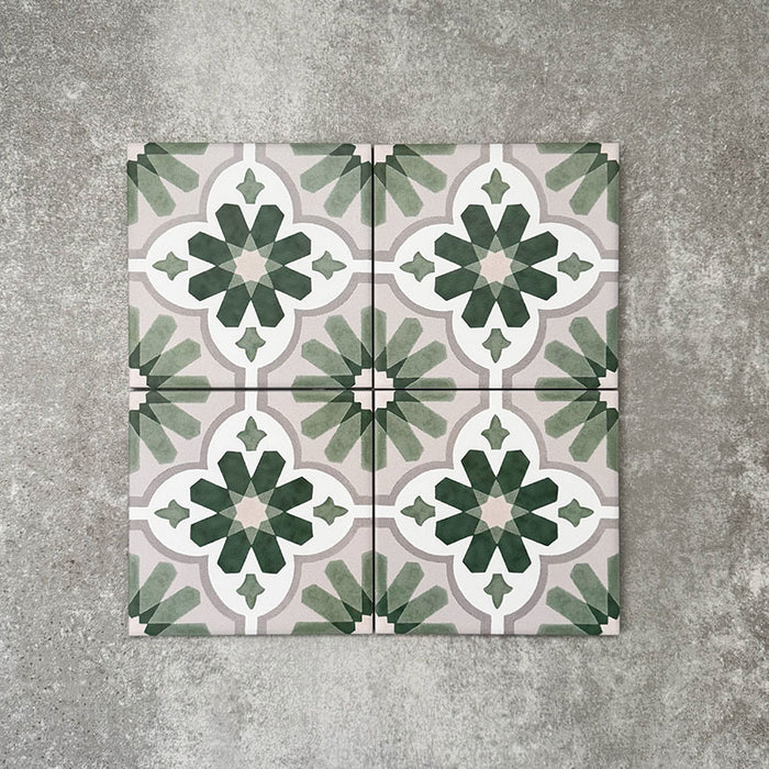 Clara Jade Mini Victorian Moroccan-style porcelain floor tiles in a 15 × 15cm format, laid in a repeating pattern to showcase the green geometric design across the floor.