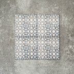 Four Berber Tetuan Blue 15×15cm Moroccan-style porcelain tiles arranged together, highlighting the soft blue and cream geometric pattern on a neutral background.
