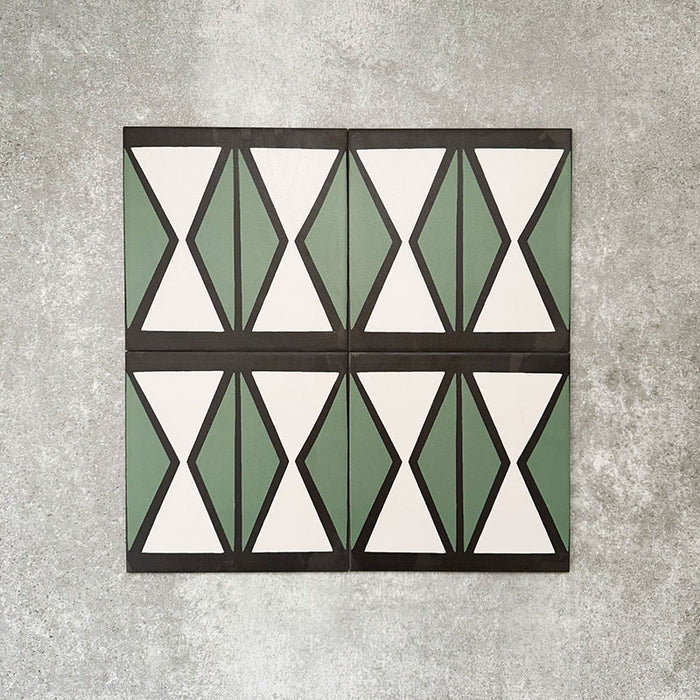 Abstract Hourglass Patterned Tiles in a 20x20cm format, displayed in a repeated grid layout to showcase the bold geometric hourglass design. Muted green and soft cream tones are framed with charcoal detailing, creating a clean, contemporary pattern ideal for feature walls, floors or decorative splashbacks.