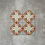 Cuba Star Mini Moroccan-style porcelain tiles in a 15×15cm square format, arranged in a repeating geometric star pattern with soft green, blue, pink and mustard tones, highlighting the tile’s crisp symmetry, fine detailing and decorative encaustic-style design.