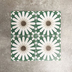 Souk Green A 20×20cm Moroccan-style porcelain tiles arranged in a green, white and beige geometric pattern.