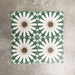 Souk Green A 20×20cm Moroccan-style porcelain tiles arranged in a green, white and beige geometric pattern.