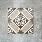 Viscount Heythrop 20×20cm Victorian-style porcelain wall and floor tiles laid in a repeating geometric floral pattern with circular motifs in soft grey, warm beige, taupe and muted blue tones, shown as a full tile layout highlighting the classic Victorian-inspired design.
