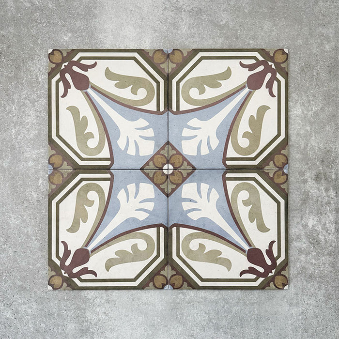 Viscount Langholme Place 20×20cm Victorian-style porcelain wall and floor tiles laid in a repeating ornate floral and geometric pattern with octagonal motifs in soft blue, sage green, warm red and cream tones, shown as a full tile layout highlighting the classic Victorian-inspired design.