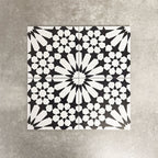 Fez Winter Moroccan-style porcelain tiles arranged as a four-tile pattern, forming a striking central star motif. The 20 × 20cm tiles feature a bold black and white geometric design with crisp lines and high contrast, showcasing the full encaustic-effect pattern when laid together. Ideal for statement floors, feature walls, and contemporary or monochrome interiors.