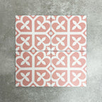Ivy Rose Victorian Moroccan style 20x20cm patterned tiles, shown as four tiles together to highlight the repeating soft pink and white geometric pattern.