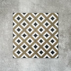 Viscount Park Road 20×20cm Victorian-style porcelain wall and floor tiles displayed as a four-tile layout, showcasing the repeating geometric diamond pattern in olive green, white and dark grey on a neutral grey background.