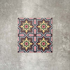 Cuba Havana Mini Moroccan-style porcelain tiles in a 15×15cm square format, arranged in a repeating geometric pattern with navy backgrounds and pink, green and mustard detailing, showcasing the tile’s intricate encaustic-style motifs and bold decorative symmetry.