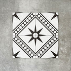 Gilgamesh Blanco Vintage White Moroccan style 20x20cm patterned tiles, shown as a flat lay to highlight the repeating black and white geometric star pattern.