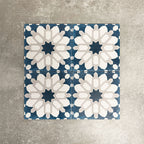 Souk Blue D 20×20cm Moroccan-style porcelain tiles arranged in a blue, white and grey geometric pattern.