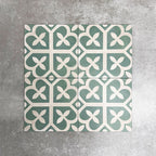 Ivy Green Victorian Moroccan style 20x20cm patterned tiles, shown as four tiles together to highlight the repeating green and white geometric pattern.