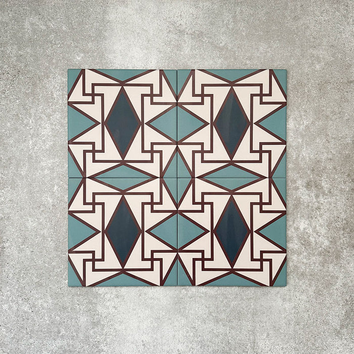 Abstract Iris Patterned Tiles in a 20x20cm format, displayed in a repeated grid layout to showcase the intricate geometric design. Soft teal and cream tones are contrasted with deep blue diamond motifs and fine red detailing, creating a bold, decorative pattern ideal for feature walls, floors or statement splashbacks.