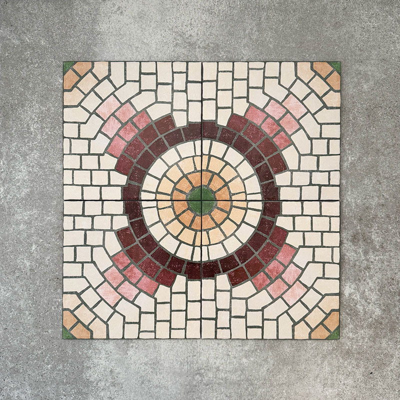 Cuba La Calle Moroccan-style porcelain tiles in a 20×20cm square format, arranged in a full layout to showcase the circular mosaic-style pattern in soft white, terracotta, burgundy and green tones, highlighting the tile’s intricate detailing and classic encaustic-style design.