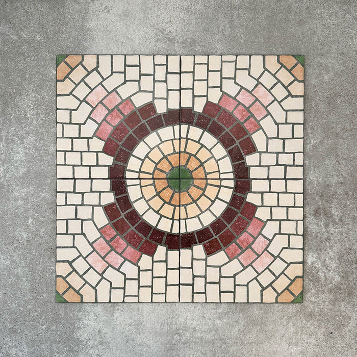 Cuba La Calle Moroccan-style porcelain tiles in a 20×20cm square format, arranged in a full layout to showcase the circular mosaic-style pattern in soft white, terracotta, burgundy and green tones, highlighting the tile’s intricate detailing and classic encaustic-style design.