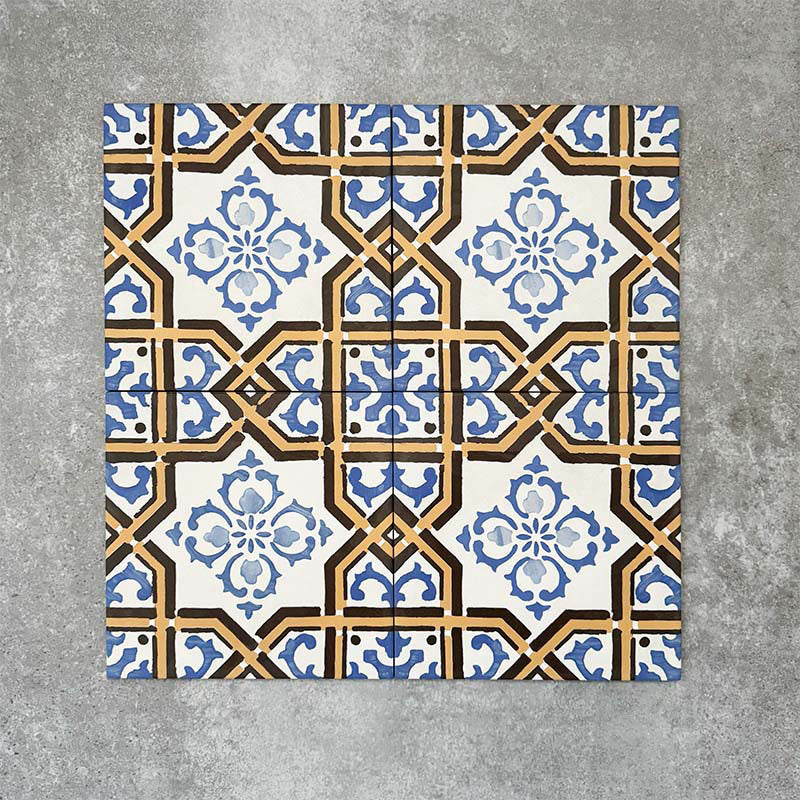 Viscount Maestro 20×20cm Victorian-style porcelain wall and floor tiles laid in a repeating ornate geometric pattern with floral detailing in blue, white and warm ochre tones, shown as a full tile layout with subtle tonal variation and floral styling.