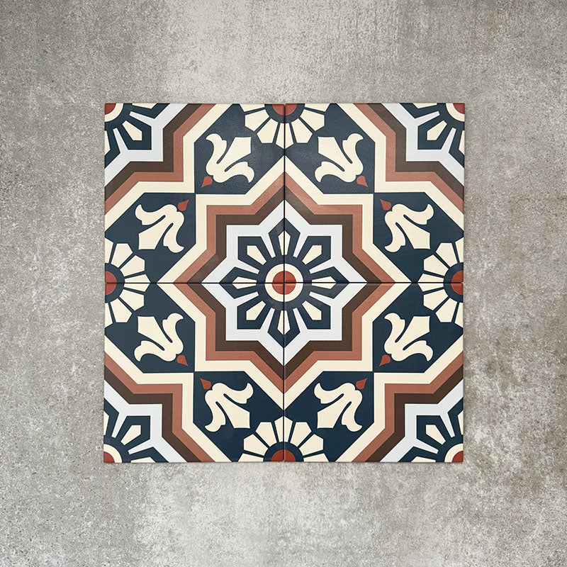Balthazar Grand 20×20cm Moroccan-style porcelain tiles, showing the full encaustic-inspired geometric design in deep blue, warm brown and cream tones, ideal for creating bold statement floors or feature walls.