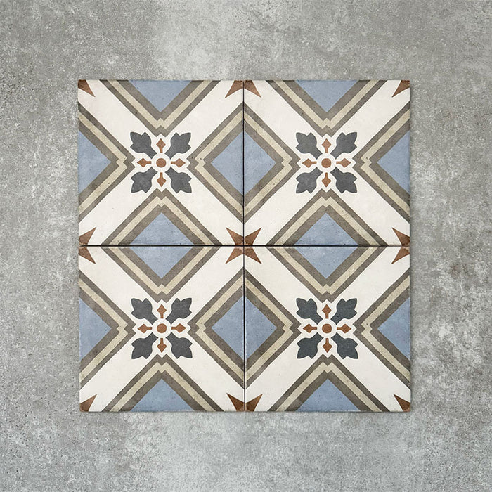 Viscount Turner 20×20cm Victorian-style porcelain wall and floor tiles laid in a repeating geometric pattern with cross and floral-inspired motifs in soft blue, white, grey and warm beige tones, shown as a full tile layout with subtle tonal variation and floral styling.