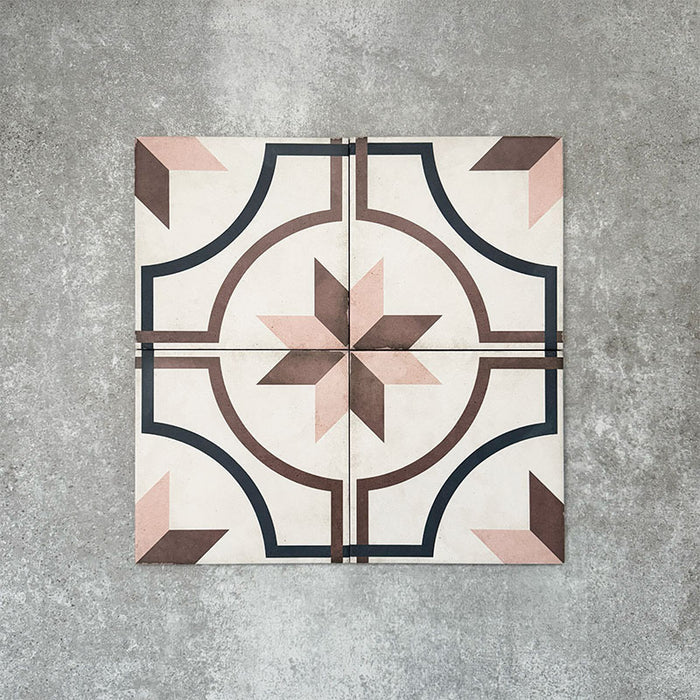 Viscount Rose 20×20cm Victorian-style porcelain wall and floor tiles laid in a repeating star and circular geometric pattern in soft rose, warm brown and deep navy, shown as a full tile layout highlighting the classic Victorian-inspired design.