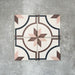 Viscount Rose 20×20cm Victorian-style porcelain wall and floor tiles laid in a repeating star and circular geometric pattern in soft rose, warm brown and deep navy, shown as a full tile layout highlighting the classic Victorian-inspired design.