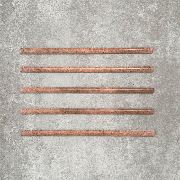 Allegra Tusk Pink Gloss pencil bullnose border ceramic tiles in a 1.2 × 30cm format, shown as a set to highlight the warm pink tones, glossy finish, smooth rounded edges and subtle handmade-style variation for decorative borders and trims.