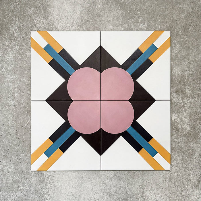 Abstract Contori Patterned Tiles in a 20x20cm format, displayed in a repeated grid layout to showcase the intricate geometric design. Soft blush pink floral motifs are framed by intersecting lines in mustard yellow, teal and charcoal on a crisp white background, creating an elegant, decorative pattern ideal for feature walls, floors or statement splashbacks.
