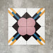 Abstract Contori Patterned Tiles in a 20x20cm format, displayed in a repeated grid layout to showcase the intricate geometric design. Soft blush pink floral motifs are framed by intersecting lines in mustard yellow, teal and charcoal on a crisp white background, creating an elegant, decorative pattern ideal for feature walls, floors or statement splashbacks.