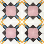 Abstract Contori Patterned Tiles in a 20x20cm format, displayed in a repeated grid layout to showcase the intricate geometric design. Soft blush pink floral motifs are framed by intersecting lines in mustard yellow, teal and charcoal on a crisp white background, creating an elegant, decorative pattern ideal for feature walls, floors or statement splashbacks.