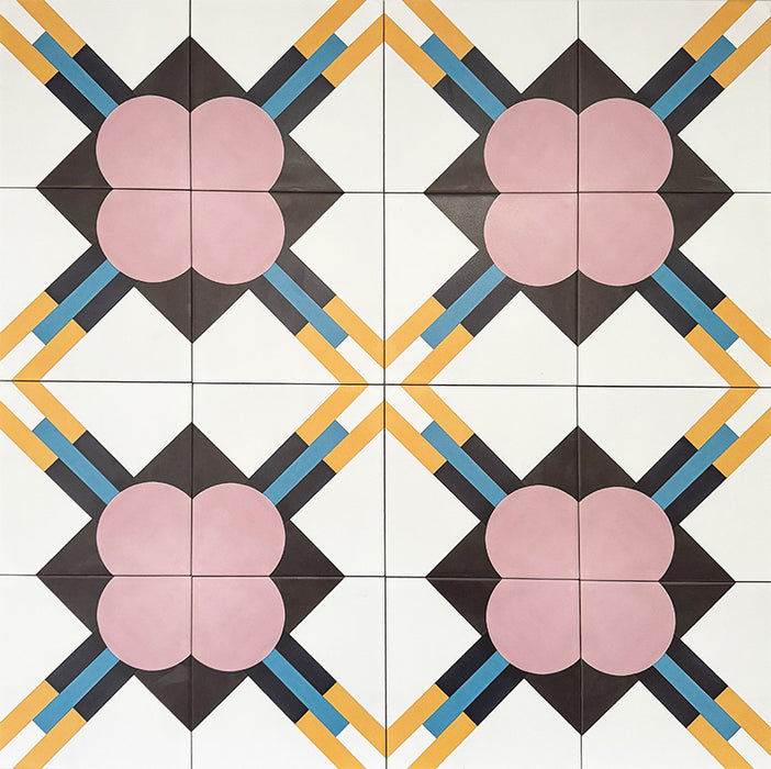 Abstract Contori Patterned Tiles in a 20x20cm format, displayed in a repeated grid layout to showcase the intricate geometric design. Soft blush pink floral motifs are framed by intersecting lines in mustard yellow, teal and charcoal on a crisp white background, creating an elegant, decorative pattern ideal for feature walls, floors or statement splashbacks.