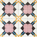 Abstract Contori Patterned Tiles in a 20x20cm format, displayed in a repeated grid layout to showcase the intricate geometric design. Soft blush pink floral motifs are framed by intersecting lines in mustard yellow, teal and charcoal on a crisp white background, creating an elegant, decorative pattern ideal for feature walls, floors or statement splashbacks.