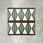 Abstract Hourglass Patterned Tiles in a 20x20cm format, displayed in a repeated grid layout to showcase the bold geometric hourglass design. Muted green and soft cream tones are framed with charcoal detailing, creating a clean, contemporary pattern ideal for feature walls, floors or decorative splashbacks.