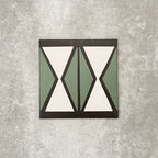 Single Abstract Hourglass Patterned Tile in a 20x20cm format, featuring a bold geometric hourglass design in muted green and soft cream tones with charcoal detailing. A contemporary patterned tile ideal for feature walls, floors or statement splashbacks.