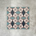 Abstract Iris Patterned Tiles in a 20x20cm format, displayed in a repeated grid layout to showcase the intricate geometric design. Soft teal and cream tones are contrasted with deep blue diamond motifs and fine red detailing, creating a bold, decorative pattern ideal for feature walls, floors or statement splashbacks.
