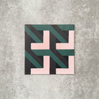 Single Abstract Lagoon Patterned Tile in a 20x20cm format, featuring a bold geometric zigzag design in deep teal, soft pink and charcoal tones. A contemporary patterned tile ideal for feature walls, floors or statement splashbacks.