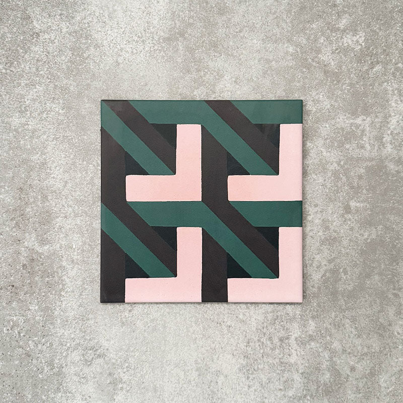 Single Abstract Lagoon Patterned Tile in a 20x20cm format, featuring a bold geometric zigzag design in deep teal, soft pink and charcoal tones. A contemporary patterned tile ideal for feature walls, floors or statement splashbacks.