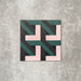 Single Abstract Lagoon Patterned Tile in a 20x20cm format, featuring a bold geometric zigzag design in deep teal, soft pink and charcoal tones. A contemporary patterned tile ideal for feature walls, floors or statement splashbacks.