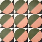 Abstract Moon Patterned Tiles in a 20x20cm format, displayed in a repeated grid layout to showcase the bold geometric circular design. The pattern combines muted green and soft blush tones with black corner accents, creating a striking yet balanced look ideal for feature walls, floors or decorative splashbacks.