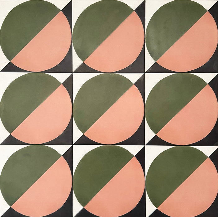Abstract Moon Patterned Tiles in a 20x20cm format, displayed in a repeated grid layout to showcase the bold geometric circular design. The pattern combines muted green and soft blush tones with black corner accents, creating a striking yet balanced look ideal for feature walls, floors or decorative splashbacks.