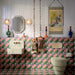 Bathroom featuring Abstract Moon 20x20cm patterned tiles in soft pink and green tones, styled with eclectic décor, statement accessories, and contemporary sanitaryware for a bold playful interior design.