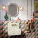 Bathroom featuring Abstract Moon 20x20cm patterned tiles in soft pink and green tones, styled with eclectic décor, statement accessories, and contemporary sanitaryware for a bold playful interior design.