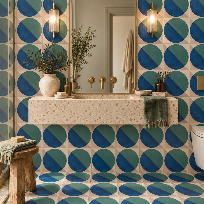 Contemporary bathroom featuring Abstract Ocean 20x20cm patterned wall and floor tiles, with bold blue and teal geometric circles against a soft pink background, paired with a terrazzo-effect basin, brass fittings and natural wooden accessories.