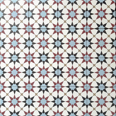 Agadir Atlas Mini Moroccan-style 15x15cm porcelain floor tiles laid in a repeating geometric star pattern, featuring a multicolour palette of soft blue, burgundy, black and cream.