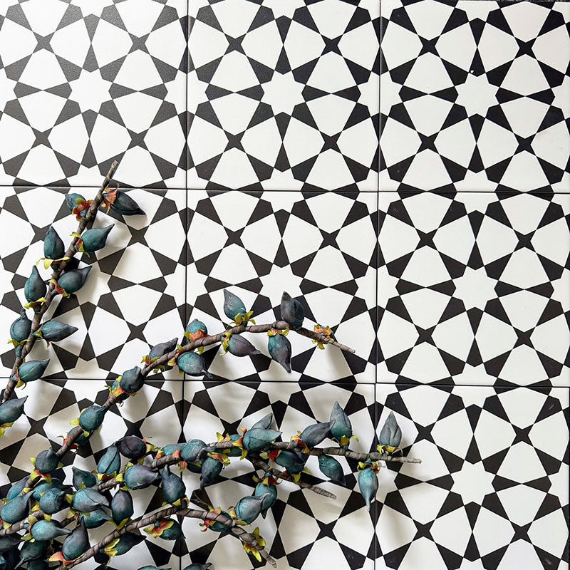 Agadir Black & White Moroccan-style 20x20cm porcelain floor tiles laid in a repeating geometric star pattern, styled with greenery to highlight the bold black and white design and intricate detailing.