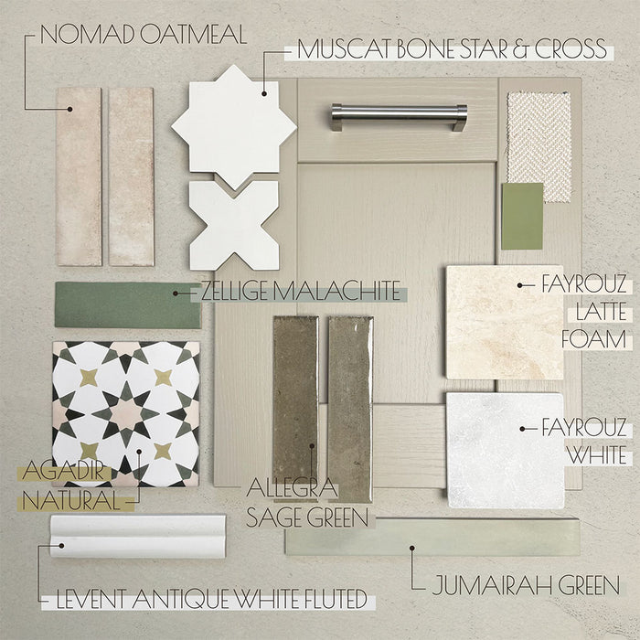 Moodboard featuring Moroccan style patterned tiles, zellige-effect wall tiles in sage and malachite green, marble-effect porcelain, fluted feature tiles and neutral canvas-effect wall and floor tiles, styled together for coordinated kitchen and bathroom interiors.
