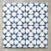 Agadir Navy Blue Moroccan-style 20x20cm porcelain tiles arranged as four tiles, showcasing a repeating geometric star pattern in navy and white on a neutral background.